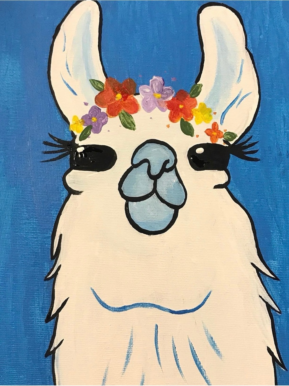 Whimsical Llama Canvas Art - Blue & White with Floral Crown